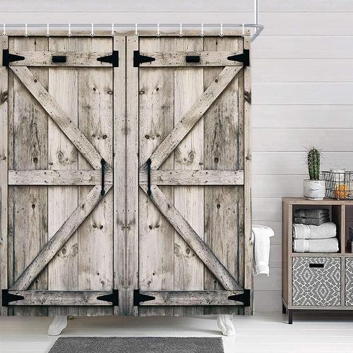 NYMB Rustic Wooden Vintage Wood Shower Curtain, Farmhouse Country Barn Door Shower with 12 Hooks, Waterproof Garage Cabin Curtain, 48X70