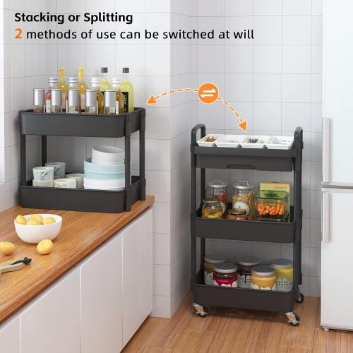Black Calmootey 3-Tier Rolling Utility Cart with Drawer,Multifunctional Storage Organizer with Plastic Shelf & Metal Wheels,Storage Cart for Kitchen,Bathroom,Living Room,Office,Black