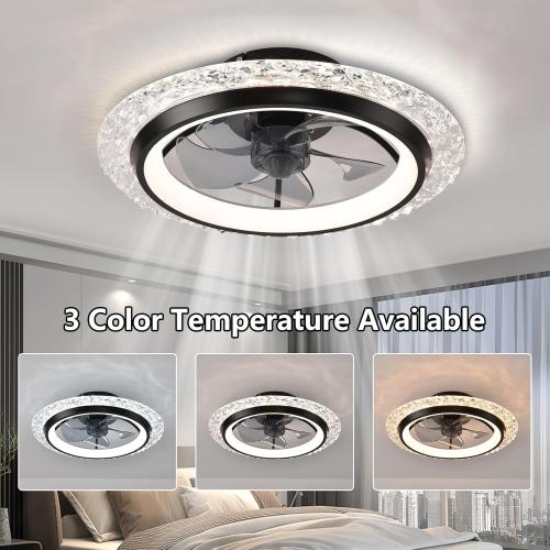 Black KINDLOV Modern Ceiling Fans with Lights, 19.7 Flush Mount Ceiling Fan with Dimmable Light and Remote,6-Speed Wind for Bedroom,Living Room,Low Profile Ceiling Fan with Light,Black