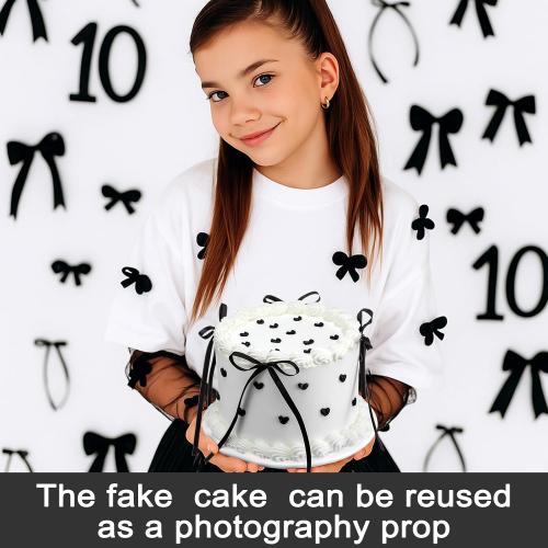 Remerry 6 Inch Black Round Fake Cake Black Bow Birthday Fake Cake Decor