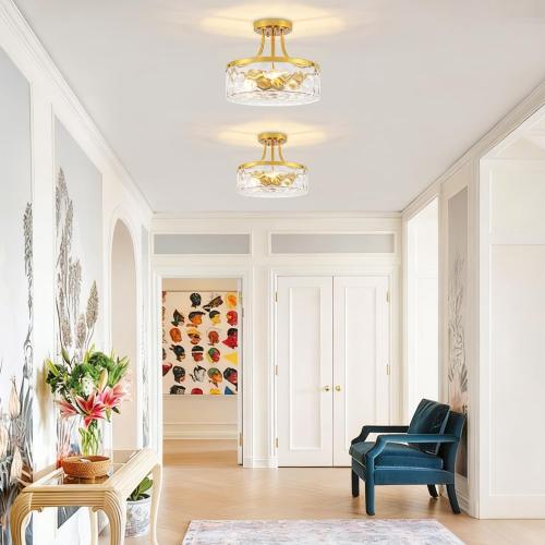 Brushed Gold Semi Flush Mount Ceiling Light Hammered Glass Light Fixture