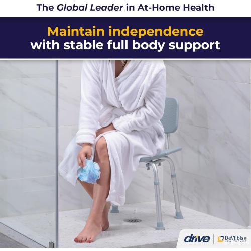 Drive Medical Shower Chair with Back - Adjustable Bathroom Bench - Suction Feet - Lightweight Durable Construction - Comfortable Contoured Seat - Grey