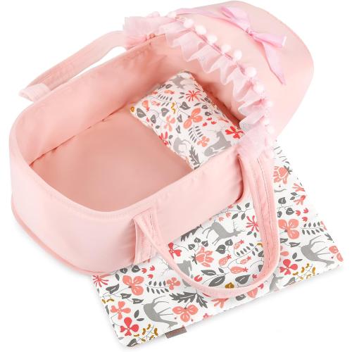 Color Pink GAGAKU Baby Doll Bassinet, Doll Carrier Doll Carry Cot Set with Canopy and Pillow Blanket for 9 10 11 12 Inch Dolls Stuffed Animals - Pink