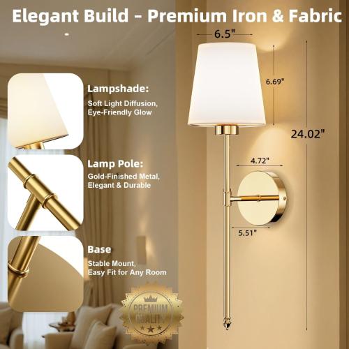 Wall Sconces Battery Operated Set of 2, Rechargeable Wall Sconce, 10 Colors Wireless Wall Sconces Set of Two, 5200mAh Dimmable Bulbs and Remote, for Bedroom Living Room, Hallway Decor (24 inch - Gold)