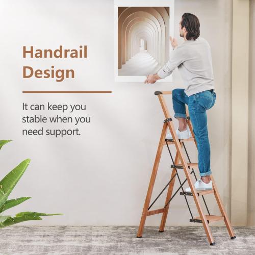 GameGem Folding Step Ladder, 4 Step Ladder with Anti-Slip and Wide Pedal, Lightweight Aluminum Step Stool with Handgrip, Space Saving Stepladder for Home and Kitchen, 300 lbs Capacity (Woodgrin