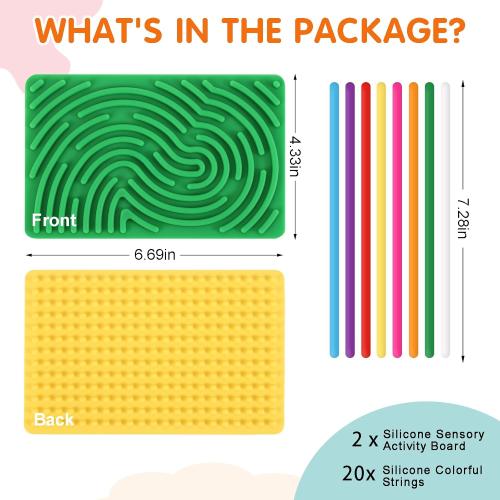 2pcs Sensory Activity Board, Double-Sided Silicone Fidget Toys for Kids 3  & Adults, Sensory Toys for Anxiety, ADHD, Autism, Calming, Includes Travel Bag & 20 Strings, Yellow & Green