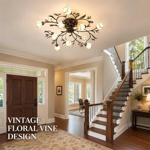 39.5 Inch 10-Lights Branch Shaped Creative Retro Style Flower Vine Ceiling Light Fixtures for Living Room, Bedroom, Kitchen, Study Room