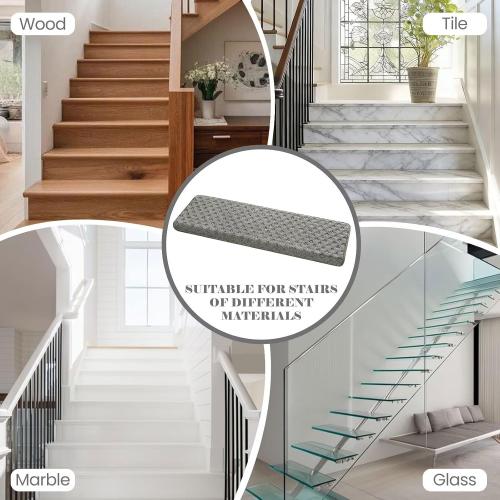 DEXDE Bullnose Carpet Stair Treads Non Slip for Wooden Steps Indoor, 30 x 9.5 x 1.7 (14 Pack) Grey - Peel and Stick Stair Runner Rugs with Edge Protection, Washable & Reusable Pet Friendly Mats