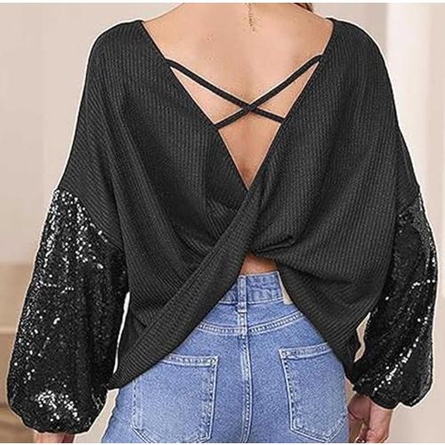 Size XL Glitter Off Shoulder V Neck Backless Pullover Tops,Women Sequin V Neck BacklessLong Sleeve Waffle Knit Sweater