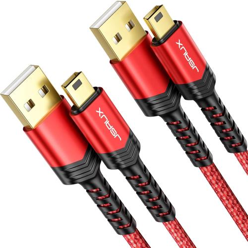 JSAUX Mini USB Cable[2-Pack 3.3ft 6.6ft], USB 2.0 Type A to Mini B Fast Charging Braided Cord for GoPro Hero 3 , PS3 Controller, MP3 Player, Dash Cam, Garmin Nuvi GPS, Camera, Blue Yeti, Red