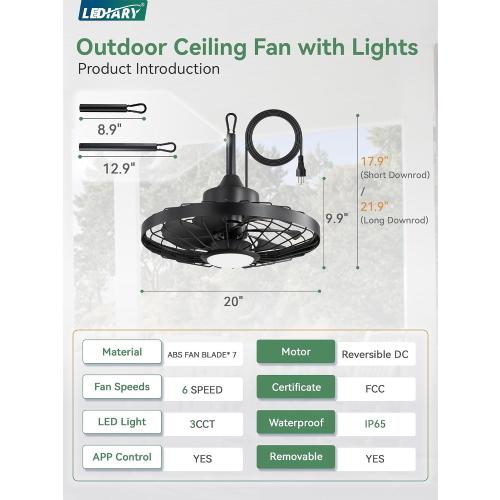 LEDIARY 20 Outdoor Ceiling Fan with Lights,IP65 Waterproof Gazebo Hanging Fan with Remote Control Smart App, Plug in Caged Ceiling Fan with 3CCT 6-Speeds for Patio Porch Pergola(Black)