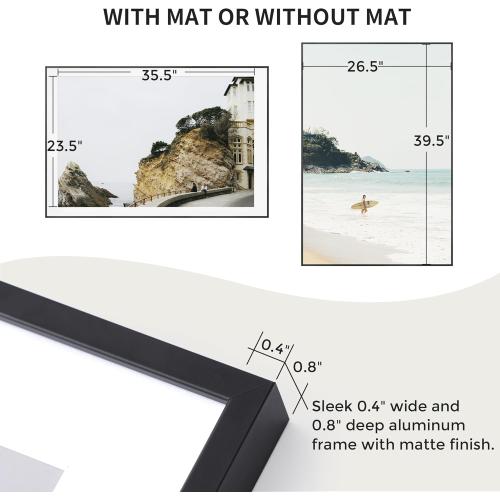 27x40 Metal Picture Frame with 24x36 Mat, Brushed Aluminum Finish, Tempered Glass Front, and Attached Hanging Hardware - Versatile Wall Display Frames for Vertical or Horizontal Orientation(Black,