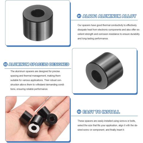 uxcell 10 Pcs Aluminum Spacer, 1/4 Bore x 5/8 OD x 1/2 Length Black Round Spacer Unthreaded Standoff Bushing Plain Finish Metal Spacers