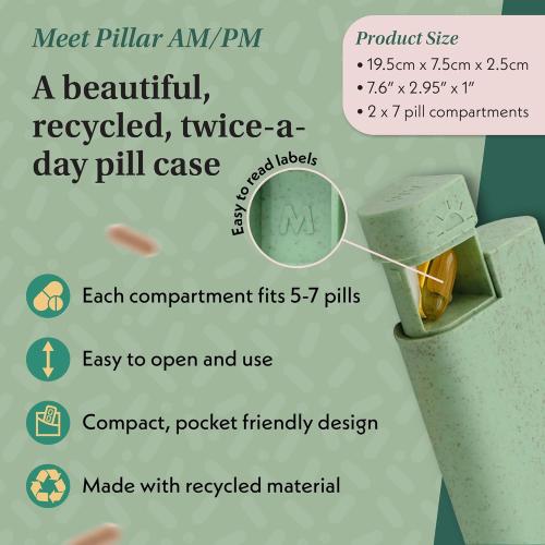 Pillar AM/PM Pill Box Organizer Two Times a Day | Aesthetic 7 Day Tablet Organizer 2 Times A Day | Beautiful Weekly Pill Box for Day and Night Medication (Soft Pink)