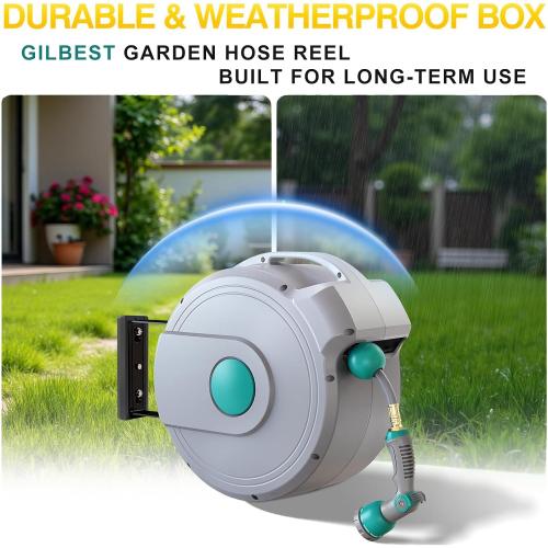 1/2 x 100 ft Retractable Garden Hose Reel, Any Length Lock & 180°Swivel | All-weather Garden Hose Reel Wall Mount for Outside, Retractable Hose with 10-Pattern Nozzle for Cleaning, Watering