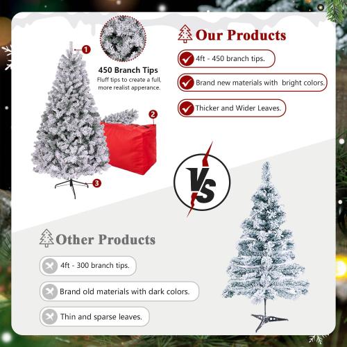 9ft Flocked Artificial Christmas Tree, Arbol de Navidad with 450 Branch Tips, Fake Christmas Tree, Premium Spruce Xmas Tree with Fold-Able Metal Base Stand