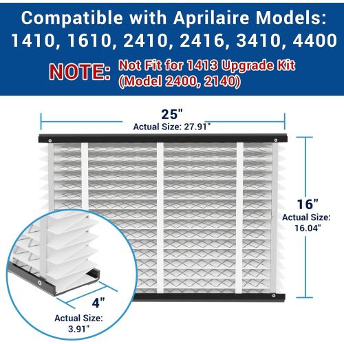 2 Pack, 16x25x4 410 Replacement Air Filter, Nominal Size: 16x25x4, Actual Size: 16.04x27.91x3.91 HVAC Furnace Filter, Compatible with AprilAire Models 1410, 1610, 2410, 2416, 3410, 4400, MERV 11