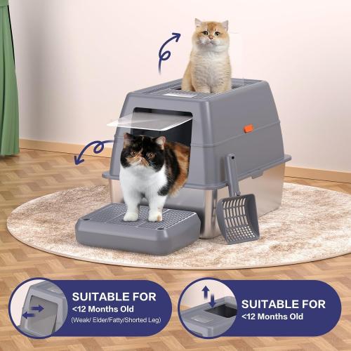 XXXL Stainless Steel Litter Box with Lid，Extra Large 28L*20W*18.1H Metal Cat Litter Boxs,Jumbo Enclosed Removable Litter Box High Sides For Big Cats,with Cat Litter Scoop, Leak-Proof, Easy to Clean