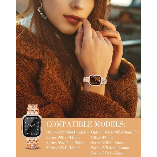 Compatible with Apple Watch Band 40mm for Women, Bling Bands Diamond Jewelry Replacement Metal Wristband Strap Shiny Bracelet with Crystal Protector Casefor iWatch Series SE/6/5/4