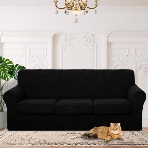 4 Pieces Stretch Couch Cover for 3 Cushion Furniture Protector Sofa Covers Washable Pet Dog Friendly Non Slip Cover with Elastic Bottom(72-92 Sofa 3 Cushion/Black)