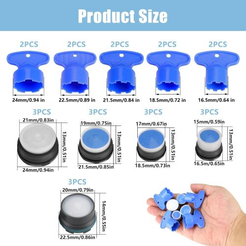 25 Pcs Kitchen Faucet Aerator, Replacement Inserts for Sink Tap Flow Restrictor, Efficient 15 Cache Aerators with 10 Key Removal Wrench Tool for Bathroom Kitchen (M16.5 18.5 21.5 22.5 24 mm)