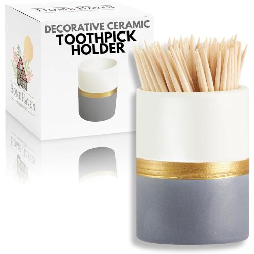 Ceramic Toothpick Holder - White & Navy with Gold Stripe Design - Toothpicks Holder Dispenser | Toothpick Holders Decorative | Great for Parties, Weddings, or Get-Togethers with Friends