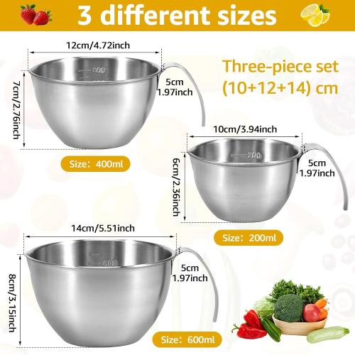 Stainless Steel Mixing Bowl, 3 Sizes Nesting Bowl with Handle & Capacity Scale, Stackable Mixing Bowls, Nesting Whisking Bowl Set, Kitchen Food Storage Organizer for Cooking Baking Salad Prep