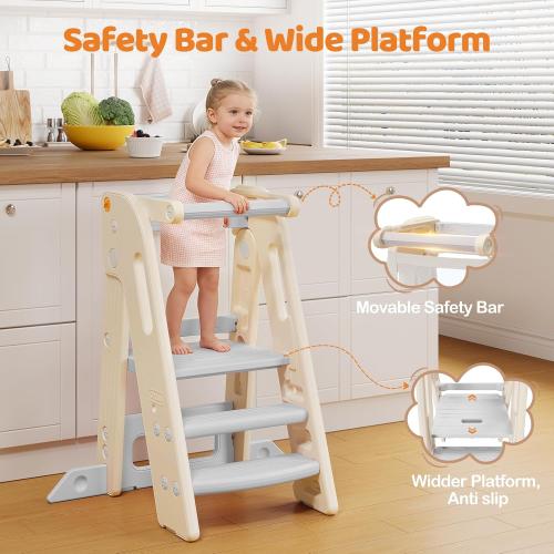 Onasti Foldable Toddler Tower Kitchen Stool Helper, Adjustable Height Learning Standing Tower with Safety Rail, Anti-Slip Steps, Kids Step Stool for Kitchen Counter and Bathroom Sink-Grey ‼️could be missing or broken pieces ‼️