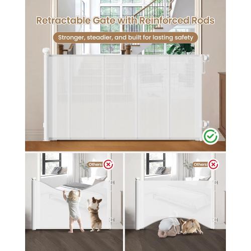 Retractable Baby Gate, 55 Wide Mesh Gate with 4 Reinforced Rods, Prevents Kids & Dogs from Crawling Under, 34 Tall Easy-to-Use Pet Gate for Stairs, Bedrooms, Hallways, Indoor/Outdoor, White