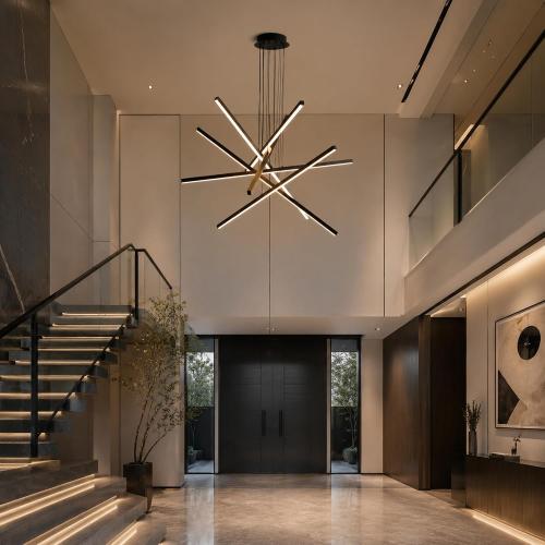 Modern Chandelier,6- Light Fixture Black Sputnik Linear Dimmable Dining Room Chandeliers 39.4in Hanging Lamp LED Dimmable Pendant Adjustable Lights Ceiling for Living Room Foyer Entryway Staircase