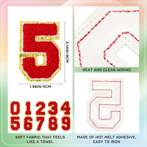 20 Pcs 3.15 in Chenille Iron on Numbers Embroidery Patches with Glitter Sequins Sew 0-9 Applique for Team Uniform Sports T-Shirt Football Jeans Bags Decors(Red)