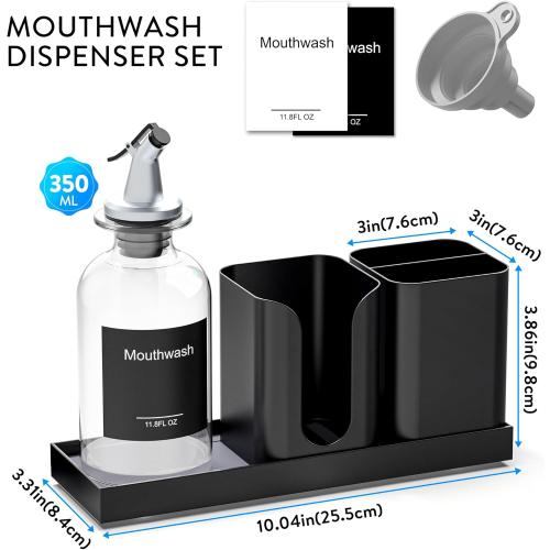Moforoco Glass Mouthwash Dispenser with Toothbrush Holders, 11.8Oz Mouth Wash Bottle Container with Cup Holder, Funnel, Labels, and Drying Stone Tray, Bathroom Decor Accessories Set, Black