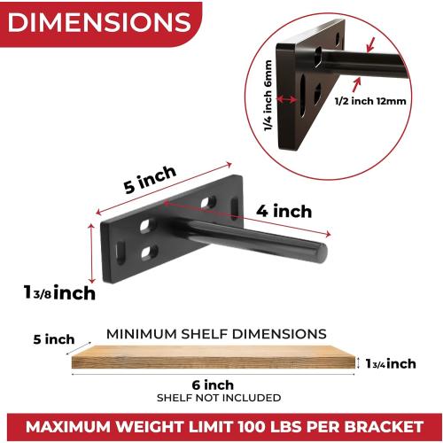 Set of 4 Size 5x1 3/8x 8 Floating Shelf Brackets Heavy Duty (1/4 inch Thick Baseplate) Painted Black Mild Steel/Bracket for Hidden Wall Shelves Support Hardware Mount Kitchen/Nursery Decor (4 inch Rods)