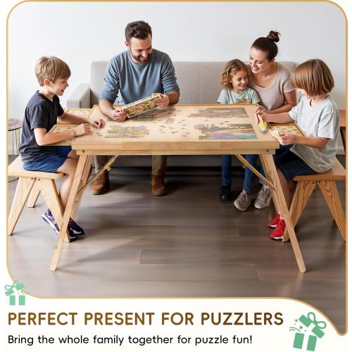 TEAKMAMA 27.6 H Tall 2000 Piece Puzzle Table with Legs, 41 W x 28.5 D Large Wood Folding Jigsaw Puzzle Board with Cover for Adults, 4 Drawers, Nature