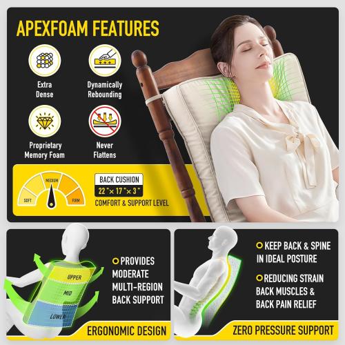 SUNROX Memory Foam Non Slip Rocking Chair Cushion, FadeShield Water Resistant Thicken Durable Tufted Pads, Set of Seat & Back Cushion with Ties for Indoor/Outdoor Rocker, 2 Piece, Heather Chestnut