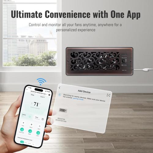 Register Booster Fan for 4 x 12 Register Holes, Quiet Vent Fan Booster with Intelligent Thermostat, Improves Heating Cooling, App Control, 10-Speeds, Charleston Smart Register Vent, ORB