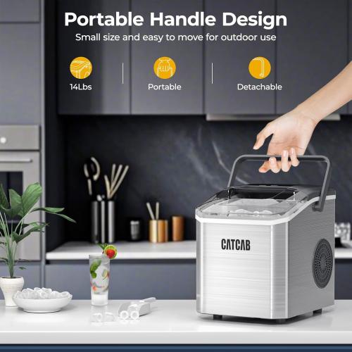 Countertop Ice Maker Machine with Handle, 9 Ice Cubes in 6 Mins, 26.5Lbs/24H, 2 Sizes of Bullet Ice, Auto-Cleaning Portable Ice Machine for Home Kitchen Party RV Camping, Stainless Steel Silver