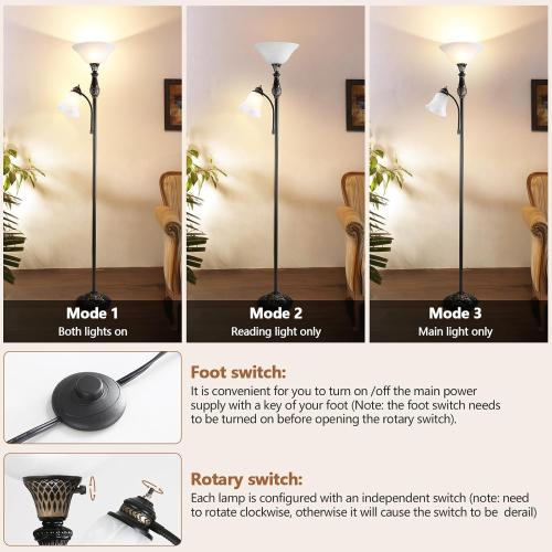 Torchiere Floor Lamps for Living Room & Bedroom, 71 Vintage Victorian Floor lamp with Reading Light, Tall Corner Standing Farmhouse Lamp for with Glass Shade Home Office Decor, Black