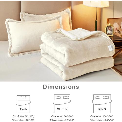 3-Layer Luxury Flannel Fleece Thick Bed Blanket Twin Size for Girls, Soft Plush Velvet Sherpa Blanket with 2 Pillow Shams Heavy Warm for Winter, Breathable n Washable, Cream White