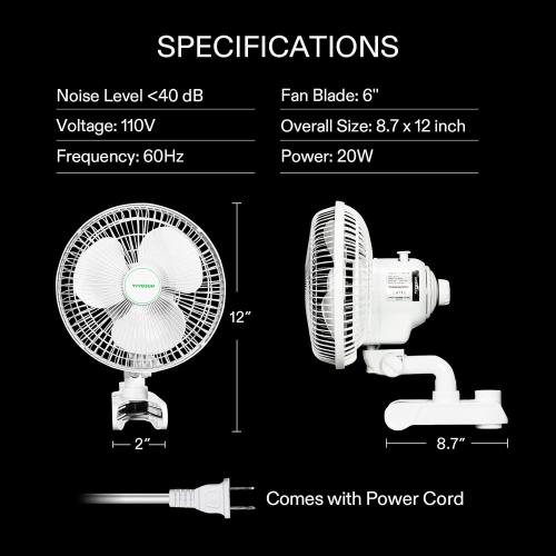 VIVOSUN AeroWave A6 Grow Tent Clip Fan, Patented Portable Auto Oscillating Fan 6” with 2-Speed, Strong Airflow but Low Noise, and Fully-Adjustable Tilt for Hydroponic Ventilation, White, 1-Pack