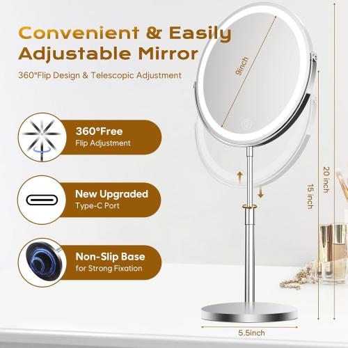 9 Makeup Mirror with Lights, 20X Vanity Mirror with Lights,3 Color Height Adjustable Lighted Makeup Mirror with Magnification, 5000mAh Rechargeable 360° Double Sided LED Mirror for Desk, Women Gift
