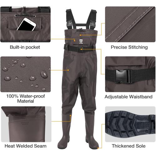 TIDEWE Mens6/Womens8 Bootfoot Chest Wader, 2-Ply Nylon/PVC Waterproof Fishing Hunting Waders with Boot Hanger for Men Women Brown