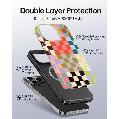 Colorful Checkered Phone Case for iPhone 15 Pro Max, Compatible with Magsafe, Trendy Cute Gingham Aesthetic Fun Magnetic Slim Shockproof Protective Women Girl Cover Case