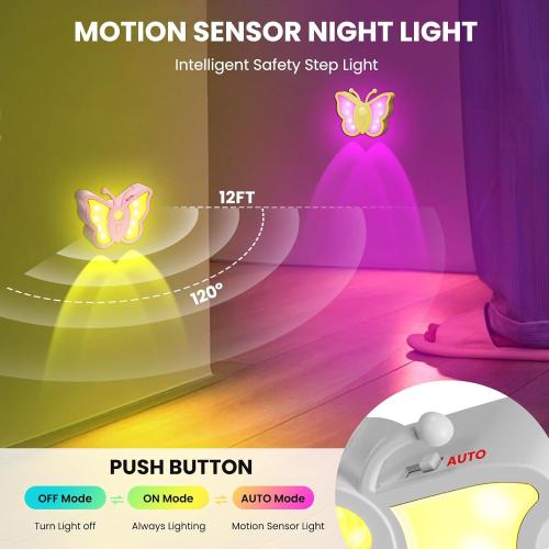LOFTEK Rechargeable Motion Sensor Light, RGB Color Change& Dimmable Night Light, Cute Butterfly Light for Kid's Bedroom, Bathroom, Hallway, Tent & Stairs - Ideal Home Decor & Gift, Purple of 4