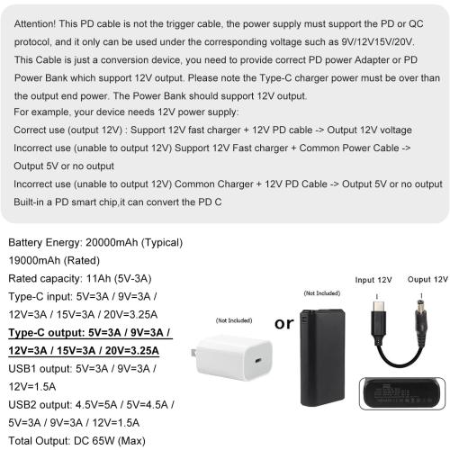 USB C to DC 5.5mm x 2.1mm Power Cable Cord, USB C Input to DC 12V Out Charging Cable, Work with PD Charger and PD Power Bank, Output DC 12V 3A MAX 36W