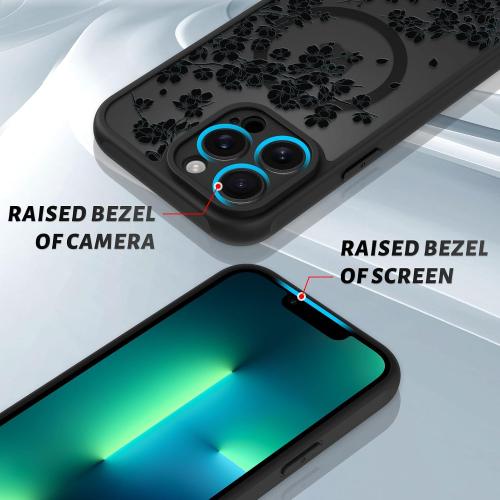 OOK Black Floral Flowers Phone Case Made for iPhone 13 Pro Max 6.7 Inch | Compatible with MagSafe, Magnetic, Translucent Phone Cover, Soft TPU   Hard PC, Anti-Scratch, Shockproof, for Women