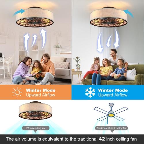 20 Boho Rattan Caged Ceiling Fan with Light,Low Profile Flush Mount Bladeless Ceiling Fan with Remote Control, 6 Speeds Reversible Silent Motor, Farmhouse Fabric Fandalier for Bedroom,Living Room
