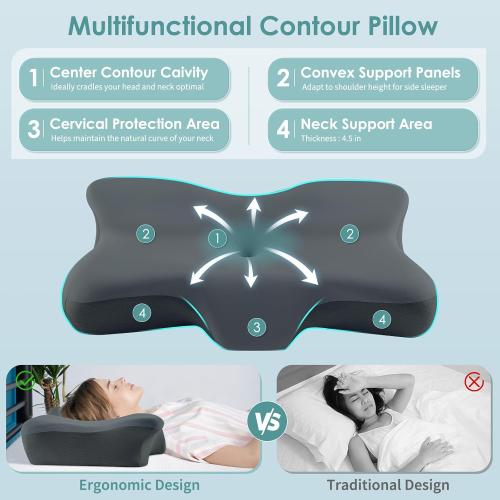 Cervical Neck Pillow, Ergonomic Memory Foam Cervical Pillows, Contour Side Sleeper Pillows for Adults, Orthopedic Neck Support Pillow for Back Stomach Sleeper with Removable Pillowcase (Dark Grey)