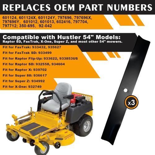 601124 High Lift Blades Compatible with Hustler 54 Deck Raptor SD, Fastrak, Super Z Series Lawn Mower, Replaces 601013 602416 797696 797712 92-208, 3 Pack