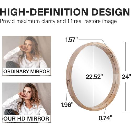 CONGUILIAO 24Inches Round Mirror Wood Wall Mirrors Decorative Circle Mirror, Nature Big Bathroom Large Vanity Mirrors for Living Room Bedroom Entryway Farmhouse